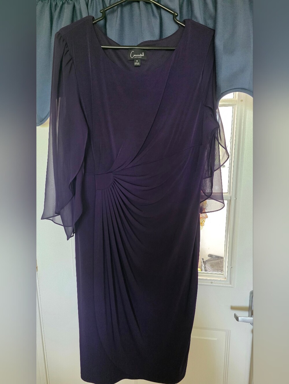 Connected Apparel Deep Purple Sheer Flutter Sleeve Evening Dress